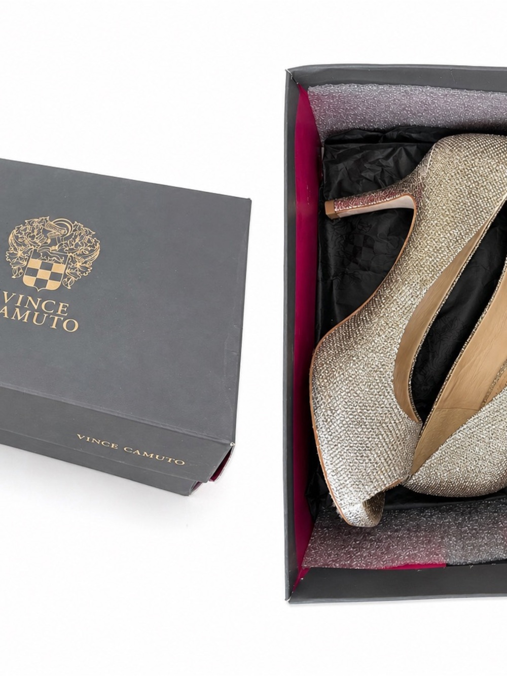 Vince Camuto Metallic Gold Glitter Peep-Toe Heels